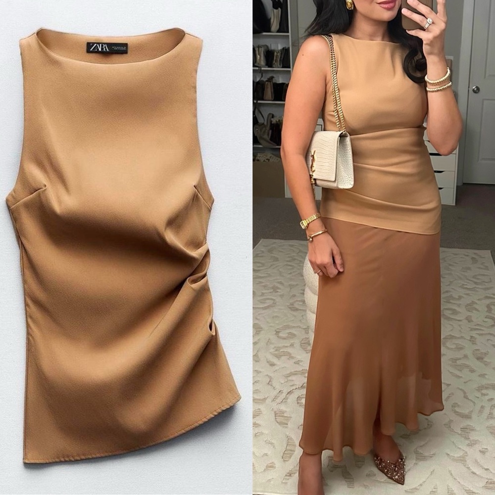 Zara NWT asymmetrical tan ruched gathered stretchy top